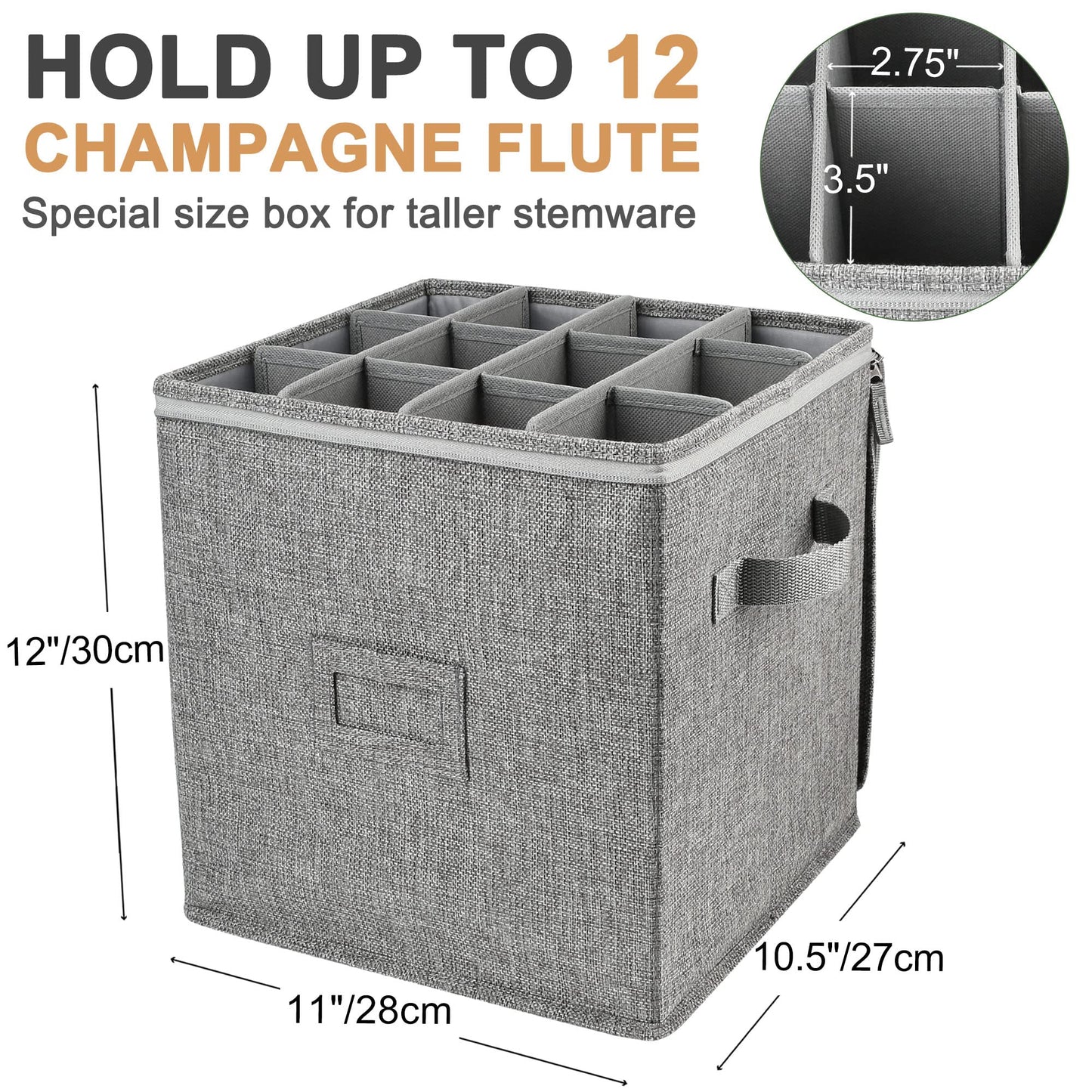 LotFancy Champagne Flute Storage Container, Hard Shell, Stackable, 12" Tall Wine Glass Storage Box with Dividers & Handles, Stemware, Crystal Glassware, Drinkware Case for Moving, Grey