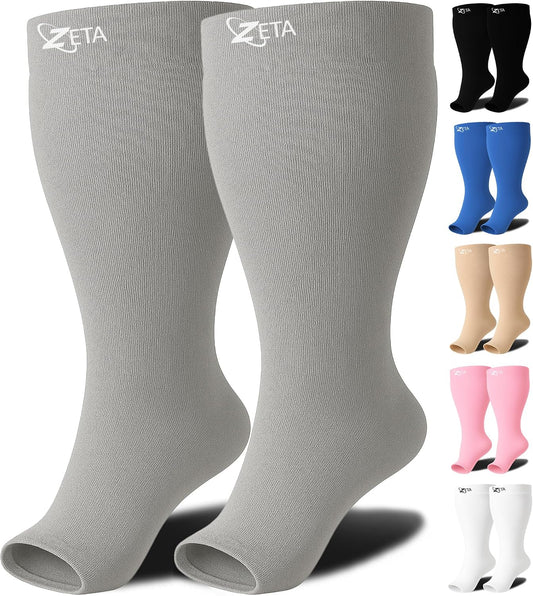 Zeta Wear Open Toe Plus Size Compression Socks for Women and Men 3XL (Gray), Toeless Wide Calf Knee-High 15-19 mmHg Graduated Support, Sandal-Friendly, Calves to 26 inch / 66 cm