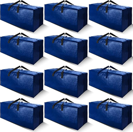 Cosy Family 12 Pack Heavy Duty Moving Bags with Backpack Straps - Strong Handles & Zippers, Storage Totes For Space Saving, Fold Flat, Alternative to Moving Box (X-Large-Set of 12, Blue)