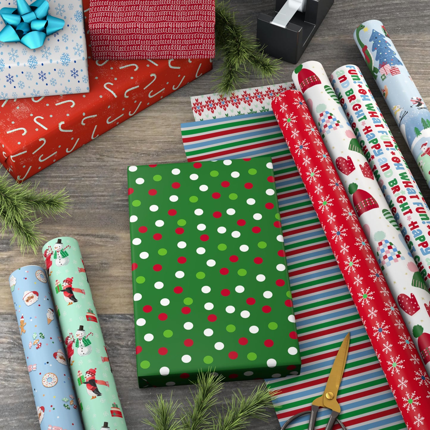 Hallmark Reversible Christmas Wrapping Paper Rolls for Kids (6 Rolls: 150 Sq. Ft. Total) Cookies, Donuts, Mittens, Penguins, Dinosaurs