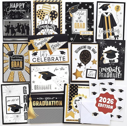 AUDREE Gold Foil Graduation Cards 2026 (5x7) - 12 Pack Grad Design with Envelopes & Stickers Bulk Assortment for College & High School, Congrats Grad Gifts Decorations for Him Her (Printed Messages)