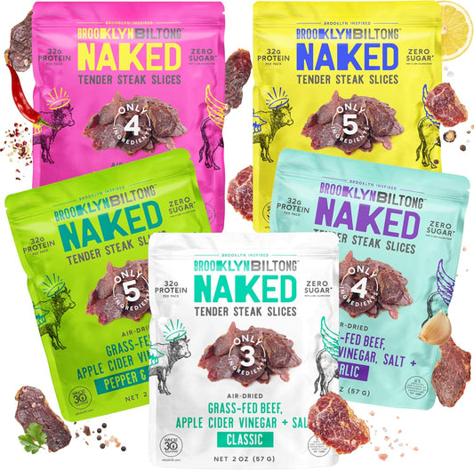 Brooklyn Biltong Five Flavor Variety Pack (2 oz, Pack of 5), Tender Slices Steak Snack, 32g Grass Fed Protein Per Pack, Beef Jerky Alternative – Sugar Free, Gluten Free, Paleo, Keto