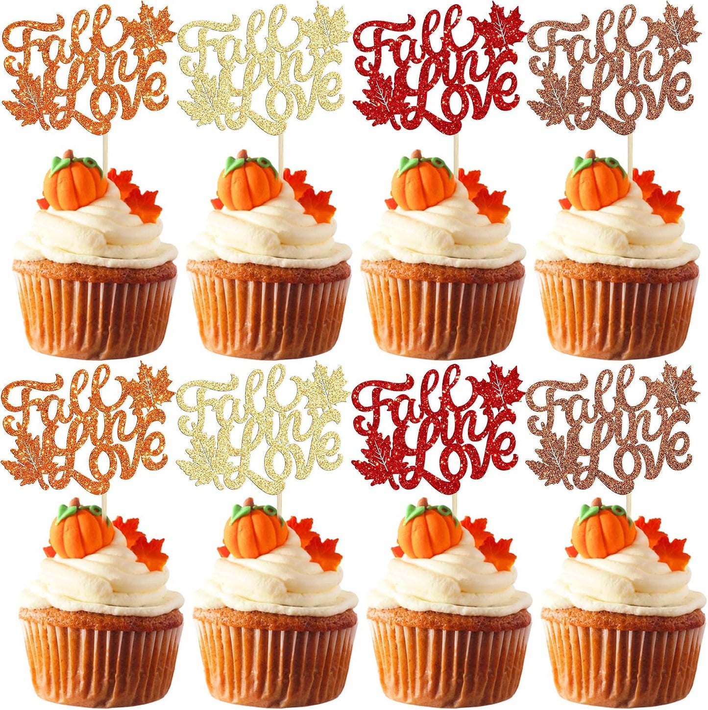 Gyufise 24Pcs Fall in Love Cupcake Toppers Multi Glitter Fall Bridal Shower Cupcake Picks Wedding Cupcake Toppers Engagement Anniversary Birthday Party Cake Decorations Supplies