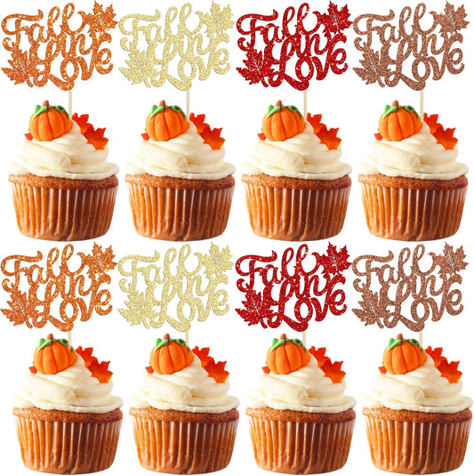 Gyufise 24Pcs Fall in Love Cupcake Toppers Multi Glitter Fall Bridal Shower Cupcake Picks Wedding Cupcake Toppers Engagement Anniversary Birthday Party Cake Decorations Supplies