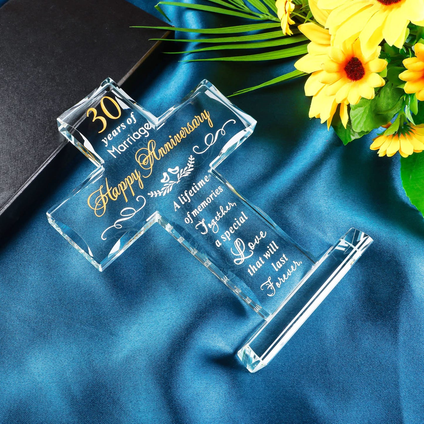 YWHL 30 Years Anniversary Cross Gifts for Wife Him Her, 30th Wedding Anniversary Meaningful Gifts for Couples, Glass Cross Keepsake with Standing Base, 30 Years of Marriage Gift