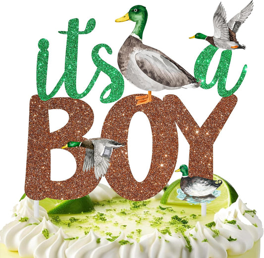 Duck Cake Topper, It's A Boy Mallard Decoration, Baby Shower Supplies, Green and Brown, 1 Count