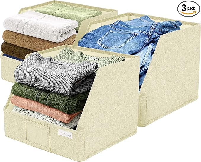 Trapezoid Closet Bins for Shelves â 12x12x10 Fabric Storage Baskets, Collapsible Organizer Boxes for Linen, Baby Clothes, Seasonal Storage â Light Beige, 3 Pack