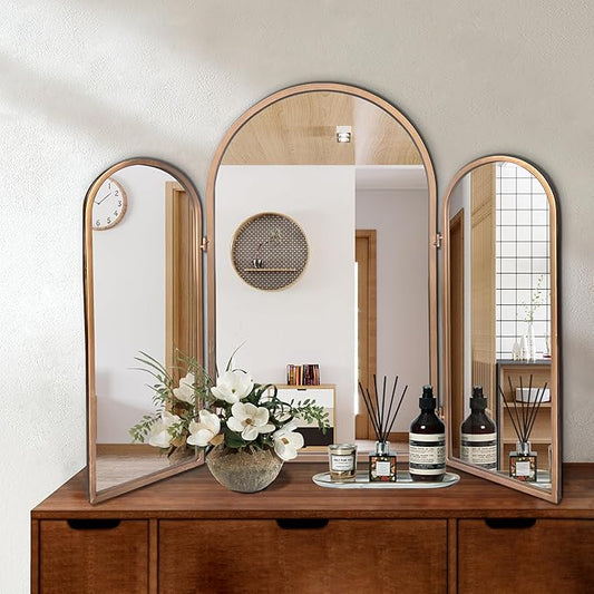 3 Way Mirror Bathroom, Trifold Vanity Mirrors for Bathroom Bedroom, Large Arch Mirrors Decorative Vintage Gold, Adjustable Makeup Mirror for Braiding Hair 360Â° Way Tabletop & Wall Mounted