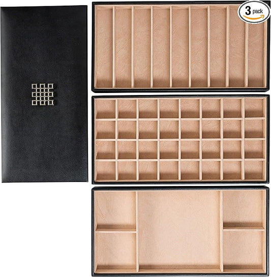 Glenor Co Jewelry Tray Organizer - 3 Large Stackable Trays & Lid - 46 Slot Storage for Drawer, Dresser - Black