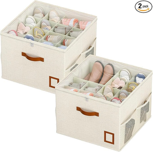 Shoe Organizer for Closet, 2 Pack Foldable Shoe Storage Organizer Box with Adjustable Dividers and Clear Cover, Space Saving Shoe Box with Reinforced Handles, Fits 16-32 Pairs, White+Green