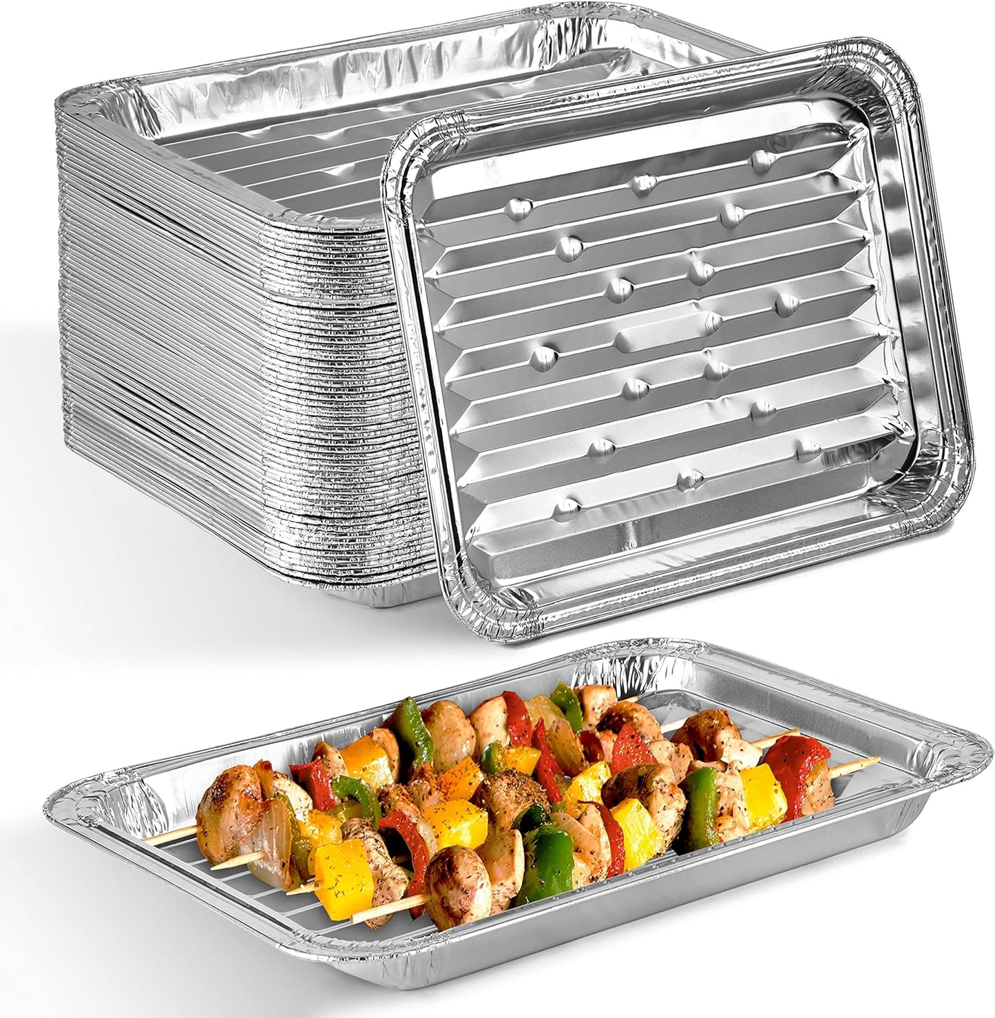 Stock Your Home Disposable Aluminum Foil Broiler Pan for Oven (25 Pack) Sheet Pans for Grilling, Roasting Rack, Trays with Ribbed Surface for BBQ Grill-Like Texture