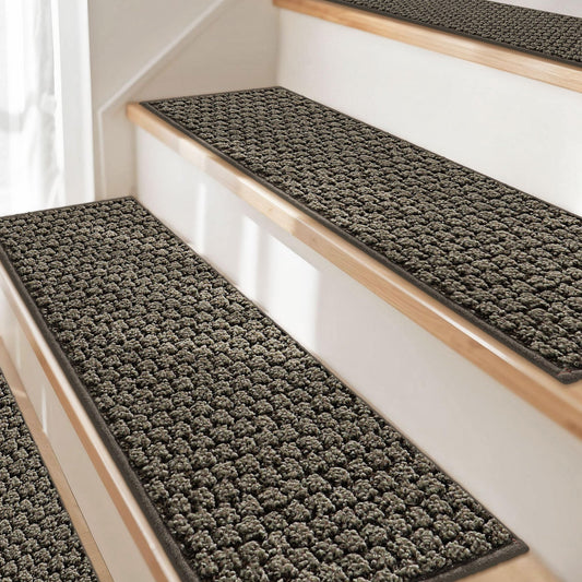JSEI Stair Treads for Wooden Steps, 14 Pack 9" X 28" Non-Slip Machine Washable Carpet Stair Treads with TPE Backing, Soft Indoor Stair Rug Runner for Kids Elders & Pets, 100% Polyester, Greyish Brown
