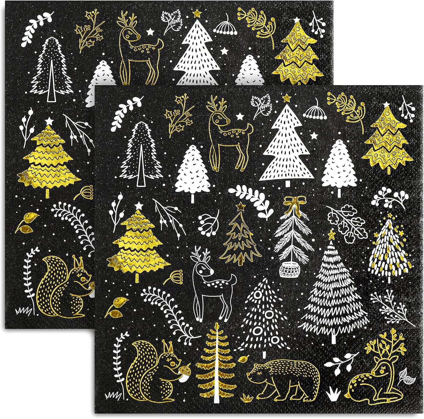 Whaline 80 Pack Christmas Paper Napkins 6.5 x 6.5" Xmas Tree Cocktail Napkins Disposable Black White Gold Party Beverage Napkins for Christmas New Year Winter Holiday Dinner Party Supplies