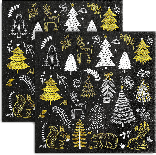 Whaline 80 Pack Christmas Paper Napkins 6.5 x 6.5" Xmas Tree Cocktail Napkins Disposable Black White Gold Party Beverage Napkins for Christmas New Year Winter Holiday Dinner Party Supplies