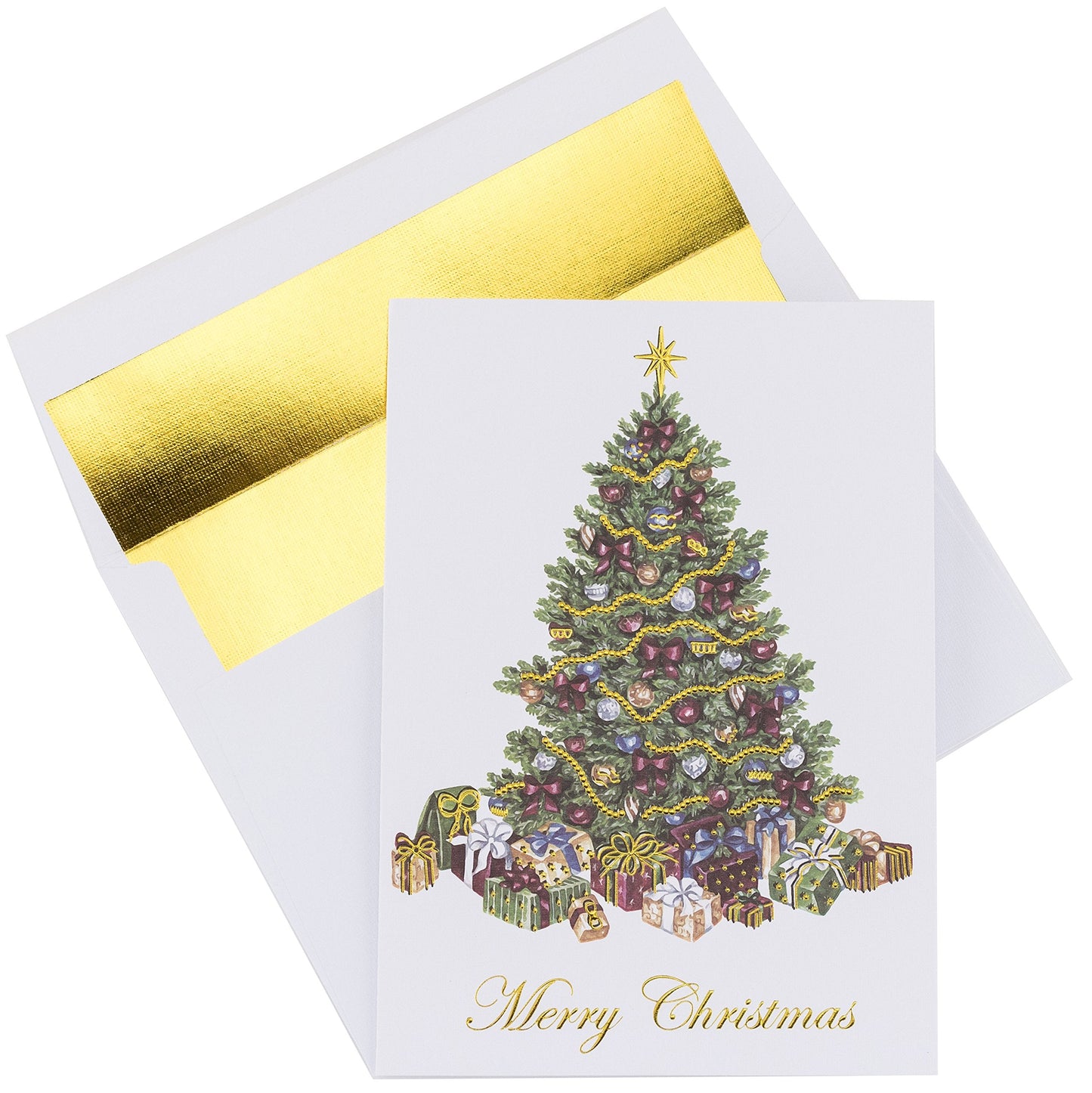 The Napa Press Premium Christmas Cards - 20 Pack - Traditional Christmas Tree with Gold Embossed Foil and Linen Texture - 20 Heavyweight Holiday Cards and Gold Foil Lined Envelopes