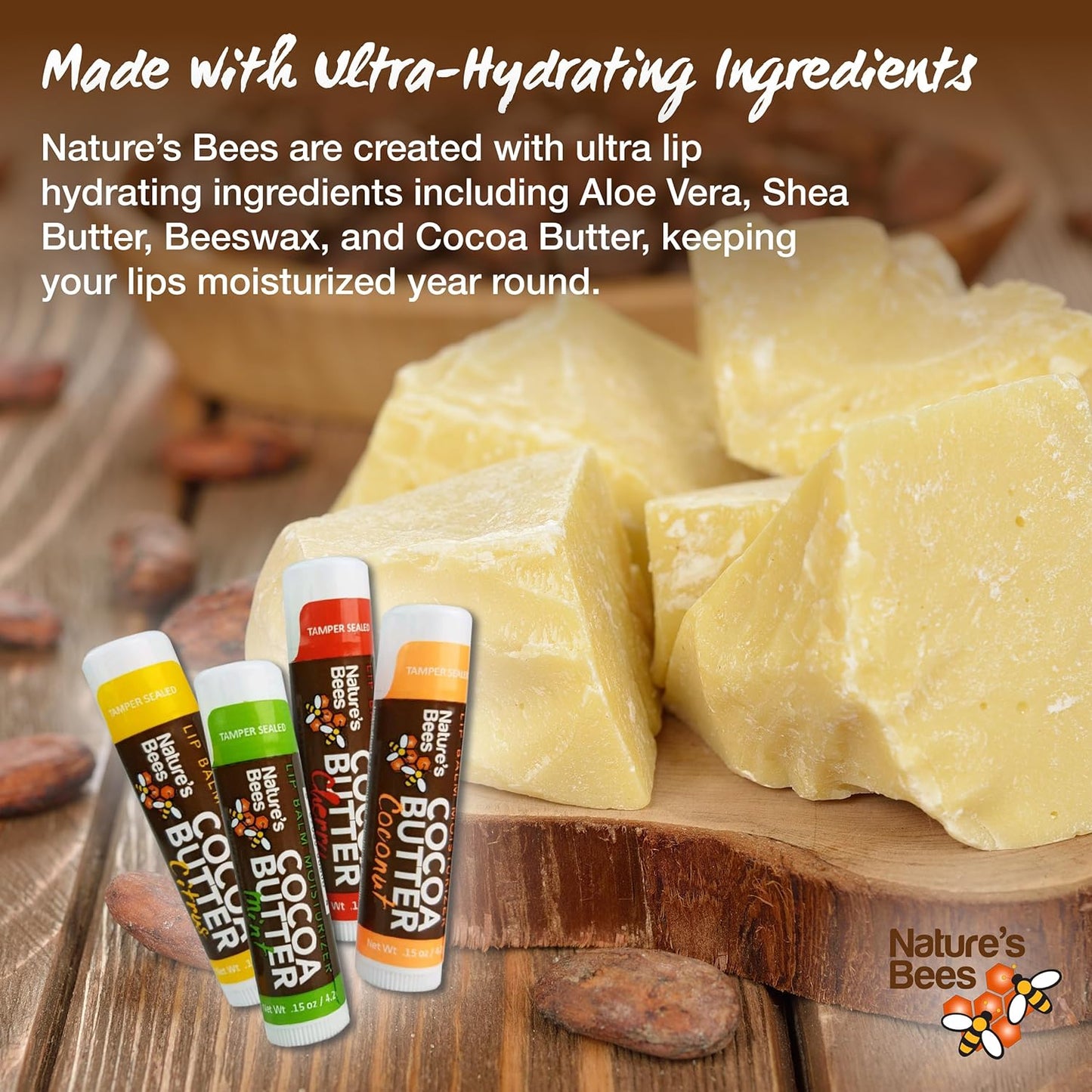 Nature's Bees Cocoa Butter Lip Balm, Lip Care for Dry Lips, Made with Coconut Oil, Beeswax, Vitamin E, Aloe, and Shea Butter, 0.15 oz Each, 3 Flavors Coconut, Cherry, and Mint, 24 Pack