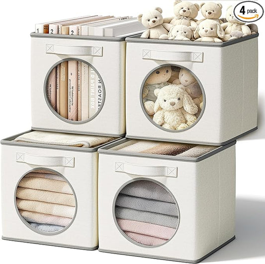 Vailando Foldable Fabric Storage Cube with Round Window - 4 Pack 13"x13"x13" Collapsible Closet Organizer Bins for Clothes, Shelves, Offices, Toys & Misc, White & Ivory