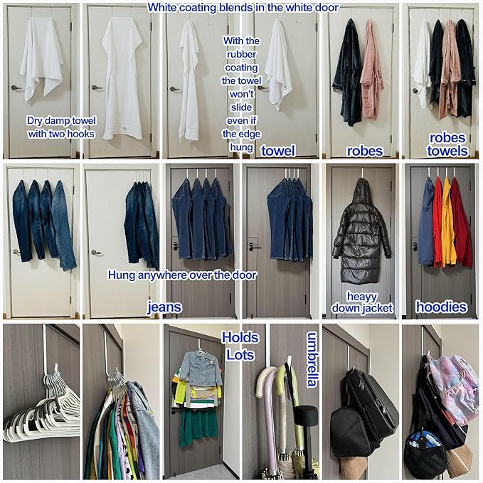 Mars-Rock Over The Door Metal Hooks with Plastic Coating 7.5" Fit 0.5" to 1 3/8" Door 4 Pcs Heavy Duty Single Towel Robe Rack Wreath Bathroom Shower Hanger Shoe Organizer Ironing Board Long White