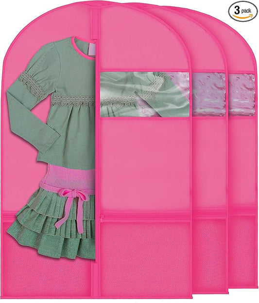 Plixio Garment Bags for Kids Dance Costumes with Transparent Window and Zippered Mesh Pockets for Shoes and Accessory Storage (3 Pack) (Pink: 36" x 23")