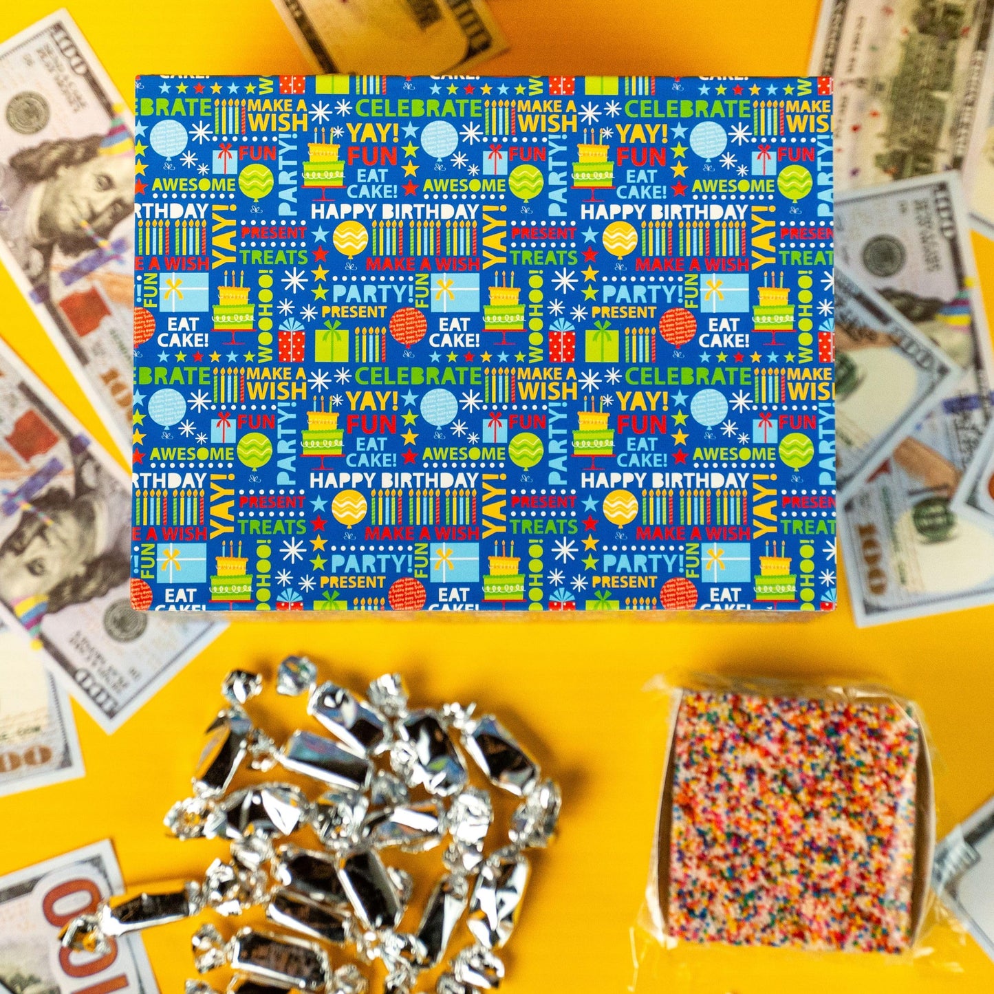 Birthday Billionaire Box by Send A Cake, Ready to Gift, No Assembly Required - with Music, Sweet Caramels & Delicious 3" Rainbow Sprinkle Dots Cake for Delivery - Gift for Women, Men, Sister, Mom, Dad, Best Friend, Adults, Kids