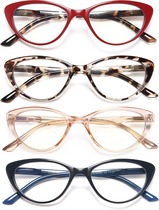EYEURL 4-Pack Cat Eye Reading Glasses for Women- Blue Light Blocking Readers with Spring Hinges,Anti-Glare/UV Rays Reading Glasses1.75