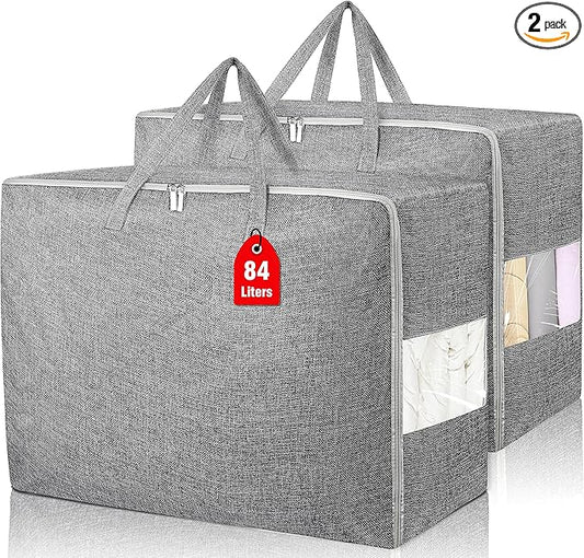 2Pack 84L Large Storage Bags, Folding Moving Comforter Blanket Storage Bags Closet Organizers and Storage Containers with Strong Handles&Zippers Clear Window for Clothes Bedding Pillow, Grey