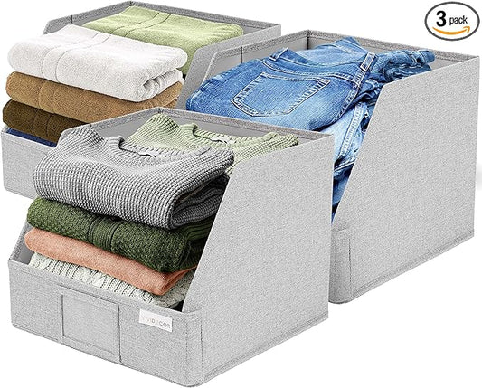 Trapezoid Closet Bins for Shelves â 12x12x10 Fabric Storage Baskets, Closet Organizers Bins, Open Front Fabric Baskets, Collapsible Organizer Boxes for Clothes, Linen â Light Gray, 3 Pack
