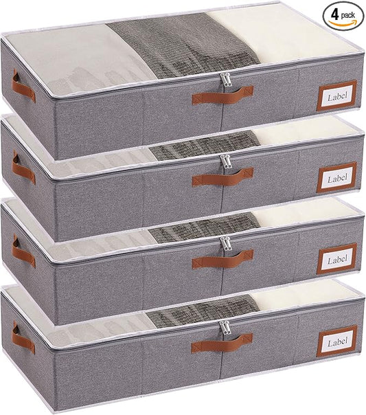 Yawinhe Under Bed Storage, 4 Pack Closet Organizers, Collapsible Container Bags, with Sorting Card Slot and 4 Leather Handles, for Blanket, Bedding, 23.6''Lx11.8''Wx6''H, Grey