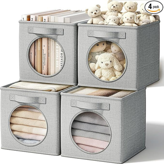 Vailando Foldable Fabric Storage Cube with Round Window - 4 Pack 13"x13"x13" Collapsible Closet Organizer Bins for Clothes, Shelves, Offices, Toys & Misc, Light Gray