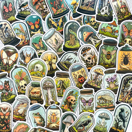 50 Pcs Vintage Gothic Stickers – Mystic Mushrooms, Skulls, Butterflies, Insects & Birds in Cloche Bottle Stickers for Journals, Scrapbooks, Phone Cases, Laptops, Halloween Projects