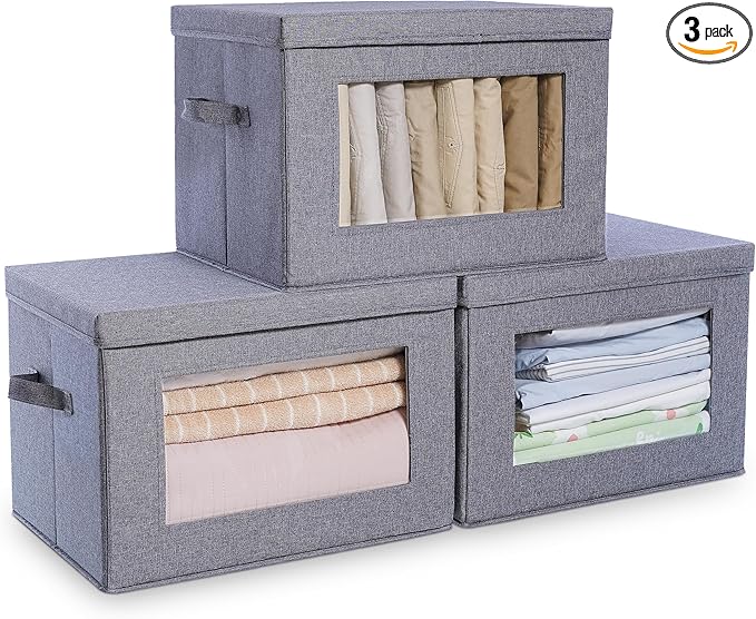 3-Pack Collapsible Storage Bins with Lids, Linen Fabric Foldable Storage Boxes, Cube Closet Organization for Clothes, Blankets, Books, Gray