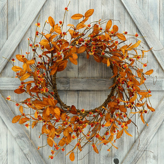 AMF0RESJ Artificial Fall Wreath for Front Door Autumn Door Wreath with Bitter Sweet Berry,Dry Vine Branches for Indoor Outdoor Farmhouse Home Wall Window Festival Wedding Decor, Gift Boxes Included