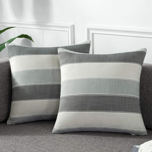 AmHoo Pack of 2 Farmhouse Stripe Check Throw Pillow Covers Set Case Cotton Linen Decorative Pillowcases Cushion Cover for Couch Bench Sofa 20x20Inch Dark Grey Beige