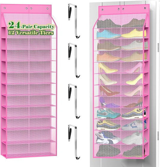 24-Pair Over Door Shoe Organizer for Family & Kids, Double Sided | Hanging Storage for Sneakers, Boots, Toys & Room OrganizationRose Quartz