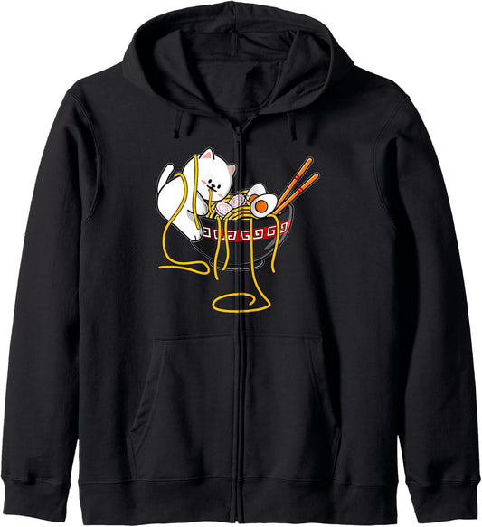 Kawaii Anime Merch Cat Design Japanese Ramen Noodle Clothes- Zip Hoodie