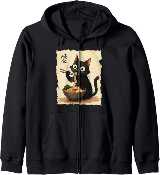 Cute Anime Cat Eating Ramen Japanese Noodle Graphic Art Zip Hoodie