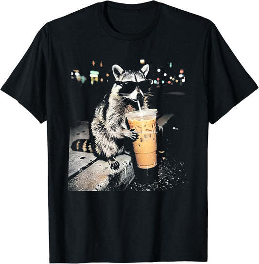 Funny Raccoon Drinking iced Coffee T-Shirt