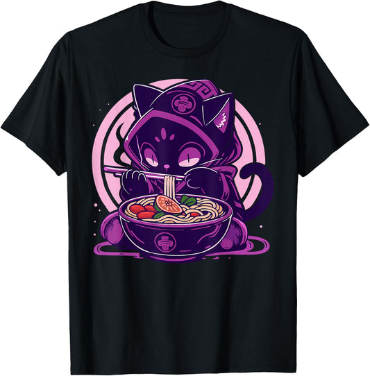 Cat Eating Ramen Noodles Anime Japanese Aesthetic Kawaii Cat T-Shirt