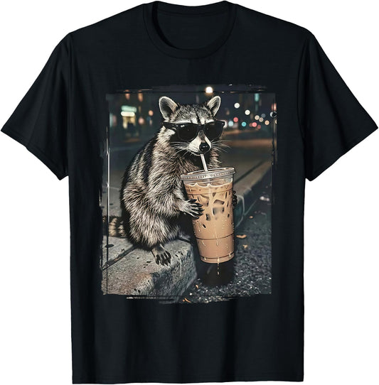 Raccoon Drinking Iced Coffee Funny Animal Meme Men Women T-Shirt