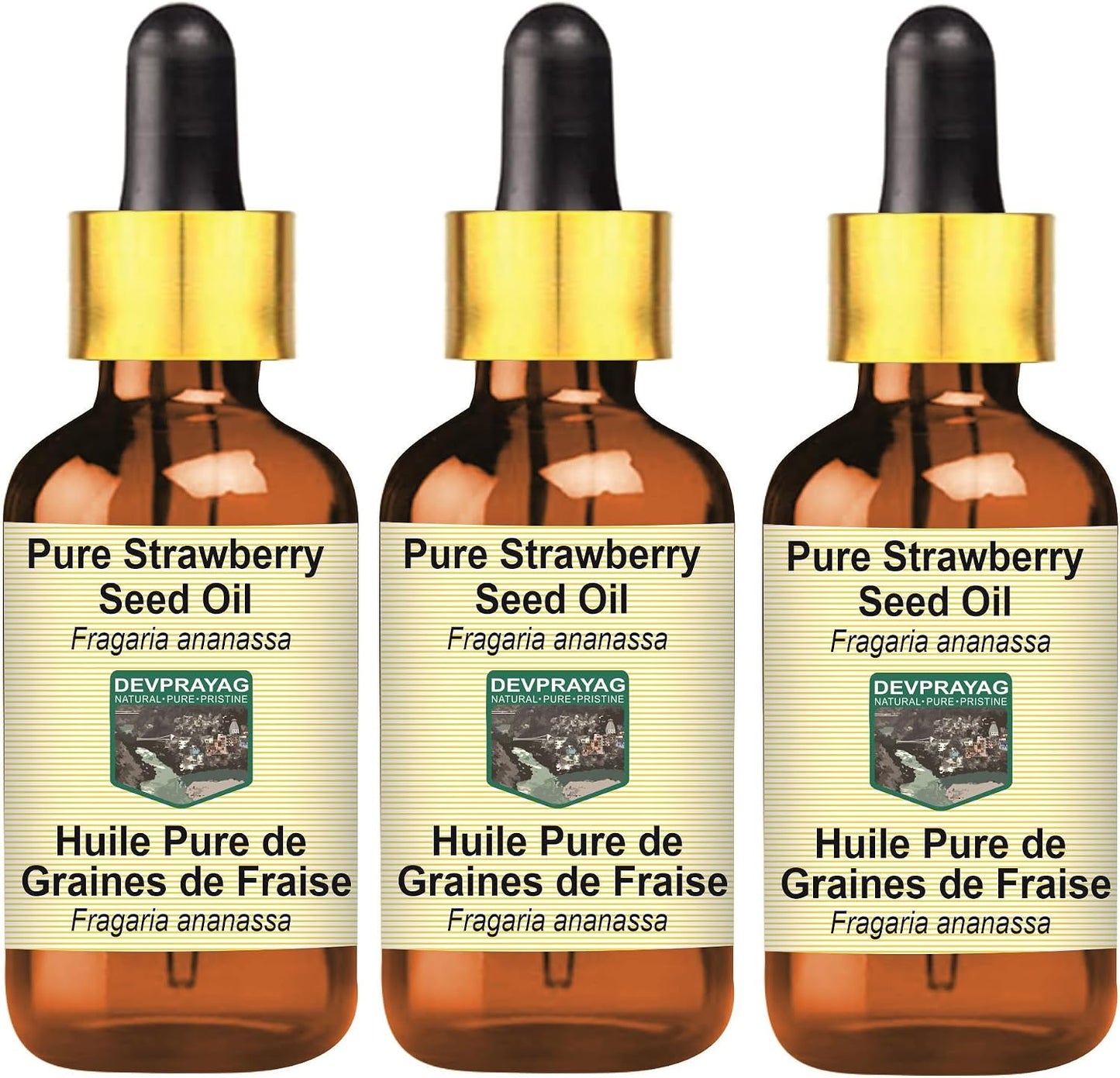 Pure Strawberry Seed Oil (Fragaria ananassa) with Glass Dropper (Pack of Three) 100mlx3 (10 oz)
